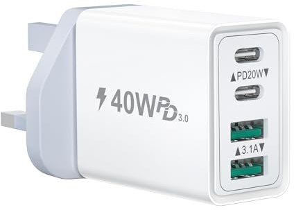 USB C Plug, 40W 4-Port USB-C Fast Charger Plug USBC Charger Dual Port PD + QC Wall Charger Plug Adaptor, Multi USB Plugs UK Type C Charging Plug for iPhone 16 15 14 13 12 11 Pro Max, iPad, Samsung