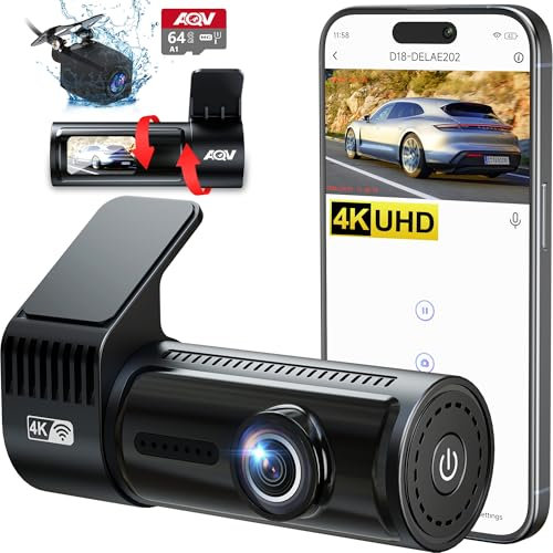 AQV Dashcam Auto Vorne und Hinten 4K mit WiFi Autokamera mit 64GB SD Karte, Loop-Aufnahme, G-Sensor, APP Steuerung, Super Nachtsicht, 170°+140° Weitwinkel, Sicherere Superkondensator, Parküberwachung