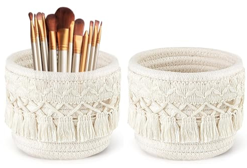 bechoanigel 2 Stück Pinselhalter, Aufbewahrungskorb Geflochten Klein, Boho Schminkpinsel Behälter, Mini Make Up Behälter, Schminktisch Deko, für Organizer Stiften, Bleistiften, Schminkpinseln(Weiß)