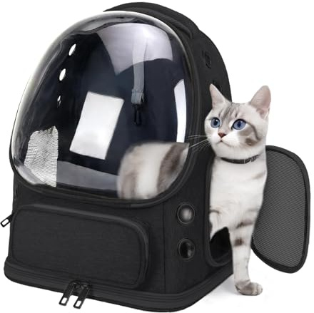 Breathable Cat Backpack Carrier, Large Space Cat Bubble Backpack for Kitty & Small Dog up to 18lbs, Foldable Cat Carrier Backpack, Transparent Airline Approved Carrier for Travel (Black)