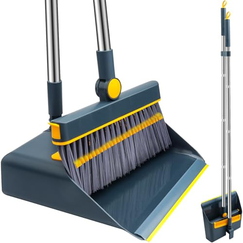 Roellgs Broom and Dustpan and Brush Set | Long Handled with Comb Teeth | Upright Sweeping | Combo for Home Kitchen Room Office Lobby Floor (blue)