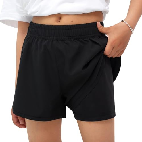 MEILONGER Girls Swim Shorts Quick Drying 2 in 1 with Compression Lining Cycling Running Pe Sports Shorts for Kids(Black,10-12)