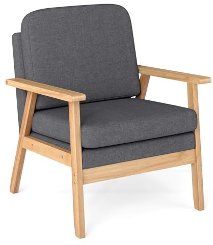 COSTWAY Armchair Accent Chair, Linen Fabric Upholstered Single Sofa Lounge Armchair with Thick Cushions, Rubber Wood Frame Leisure Comfy Seat Occasional Reading Chair for Living Room Bedroom, Grey