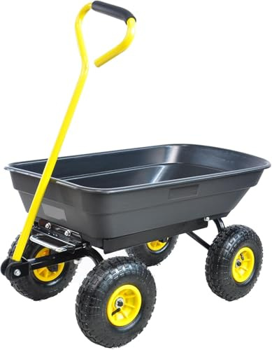 Carro de jardín con función basculante, DUOJIN Carro Dump Cart sobre ruedas, carrito de mano para exteriores con marco de acero, jardín de césped para jardinería, carga de 200 kg, volumen 55 L (negro)