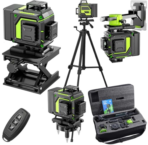 Nivel Laser Autonivelante 360 Grados con Trípode, Nivel Láser Verde 16 Líneas, 2 x 360 Horizontal y 2 x 360 Verticales, 2 x Batería, Montaje en Pared, Control Remoto, Base Magnética, Soporte Giratorio