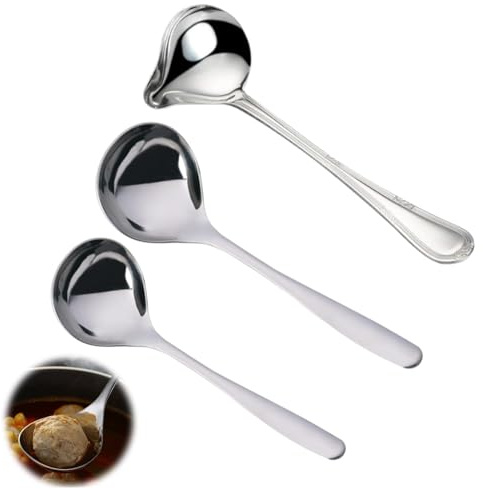 Cuchara para salsas, cucharón de salsa, juego de 3 piezas con cucharón de acero inoxidable y cuchara para salsa, ideal para cucharón de sopa pequeño y cucharón pequeño, cuchara de cocina de acero