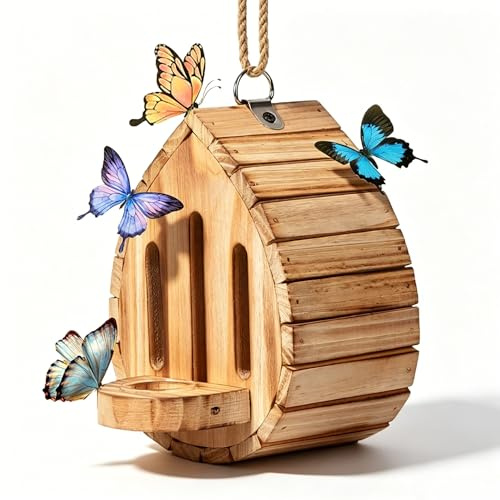 QUNZIDRESS Butterfly House Butterfly Habitat Garden - Wooden Butterfies Houses with Feeder Hanging Garden Decoration Natural Butterfly Habitat Nesting Box for Butterflies Bugs Moths & Lacewings
