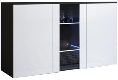 MB Muebles Bonitos, Aparador Mueble TV Colgante Luke A1 para Salón o Comedor Moderno con Luz LED, Melamina Brillo, Color Negro y Blanco, 120 x 70 x 40 cm