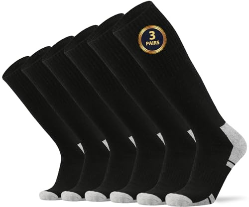 Ortis Cotton Full Cushion Over the Calf Socks OTC Knee High Thick Moisture Wicking Breathable Work Boot Thermal Warm(BlackGrey L)