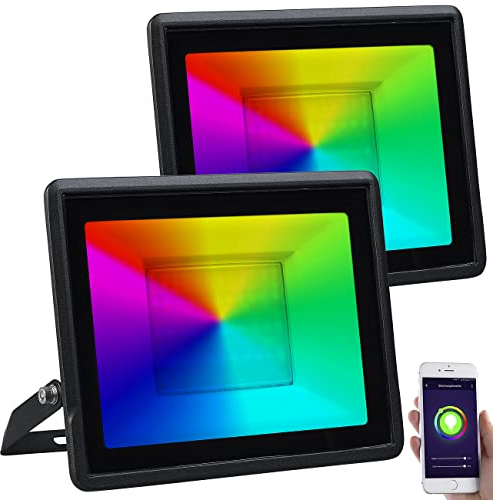 Luminea Home Control WiFi LED-Strahler: 2er-Set WLAN-Fluter, RGB-CCT-LEDs, App, 3.750 lm, 50 W, IP65 (Flutlicht-Strahler mit WiFi, Fluter mit Sprachsteuerung, Fernbedienungen)