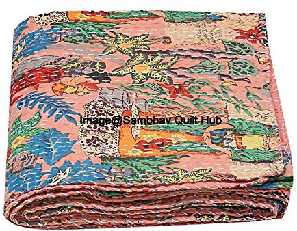 Sambhav Quilt Hub Frida Kahlo Manta acolchada de algodón estampada hecha a mano india Kantha Work Bohemia para decoración de cama manta para cama individual, tamaño King California (108 x 108
