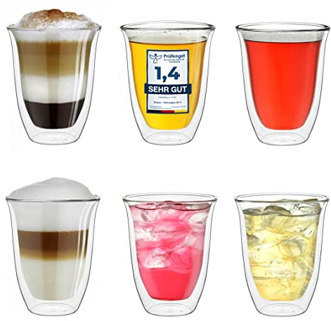Bicchieri a doppia parete 250ml DG-V, bicchiere termico grande a doppia parete in vetro borosilicato, bicchieri da caffè, bicchieri da tè, bicchieri da latte 6x 250ml 6 pezzi (confezione da 1)