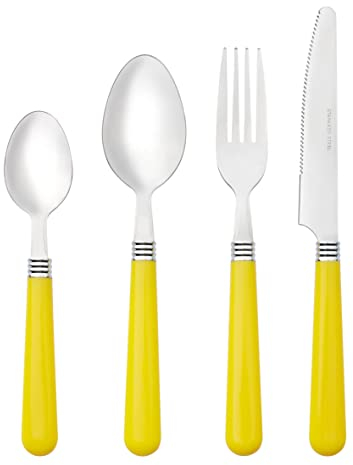 Baroni Home Ménagère 24 Pièces en Acier Inoxydable, Lot Couverts de Table Poignée en Plastique, Pour 6 Personnes Lavables au lave-vaisselle, Fourchette, Couteau, Cuillère, Cuillère à Dessert, Jaune