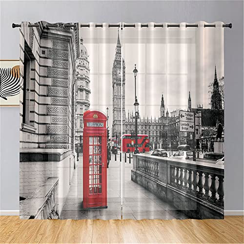 Hiseng Stadtansicht Voile Vorhänge mit Ösen Durchsichtig Halbtransparent Ösenvorhang für Fenster Wohnzimmer Schlafzimmer Moderne Elegante Transparent Gardine 2er Set (107x213cm,Rotes London)