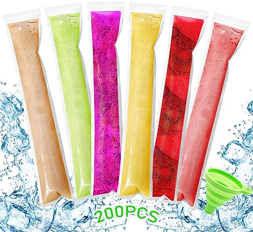 Lets Joy 200 Stück Popsicle Taschen, Eis Am Stiel, Eis Pop Beutel, Pop Mold Taschen, Popsicle Formen Beutel mit Trichter, DIY Eisformen, Popsicle Pouches für Joghurt, Eiscreme, Eisbonbons (200PCS)