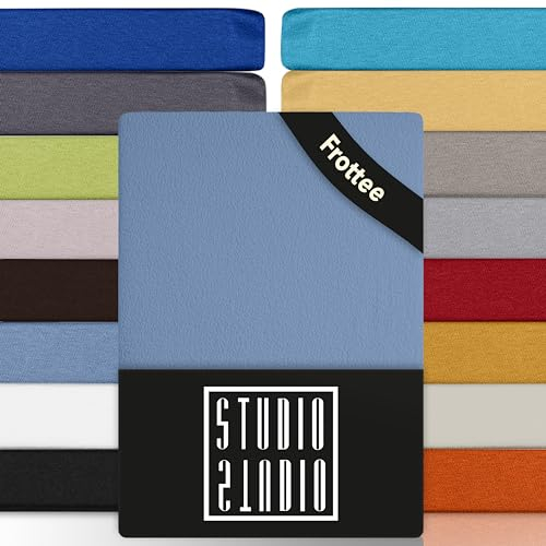 STUDIO Basic Frottee Spannbettlaken 160x200cm – weiches Frottee-Spannbetttuch aus 80 % Baumwolle & 20 % Polyester – Mittelblau – Öko-Tex Zertifiziert, bügelfrei & elastisch – für Matratzen 15–25cm
