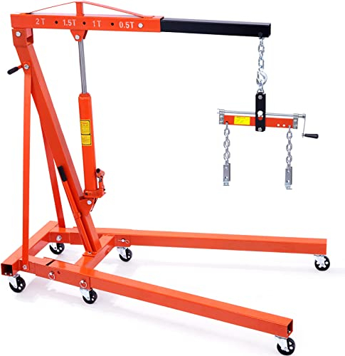 VEVOR Motorheber Motorkran 2t, Werkstattkran + Nivellierer für Motorheber 680 kg, Klappbarer Motorhalter Hochleistungsstahl Motorkran, Werkstatt Kran Getriebeheber Hebekran Ladekran Orange + Schwarz