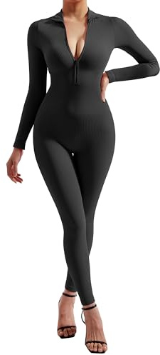 DOULAFASS Unitards for Women Ribbed Jumpsuit Long Sleeve Zip Up Seamless Yoga Romper All In One