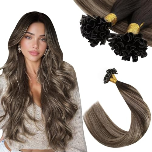 Ugeat Extensions äkta hår bindning brun balayage 35 cm 40G 50S #4/18/4 | Remy Bondings Extensions äkta hår, mörkbrun med askblond balayage, hårförlängningar U spets, för extra längd