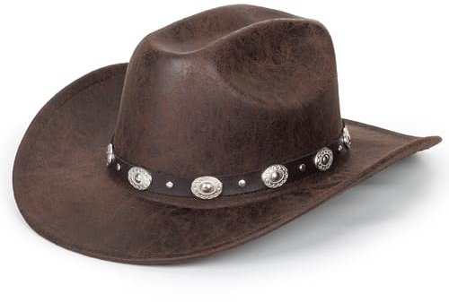 Chapeau de cowboy western en cuir PU à large bord classique avec boucle pour femme, café, Taille M