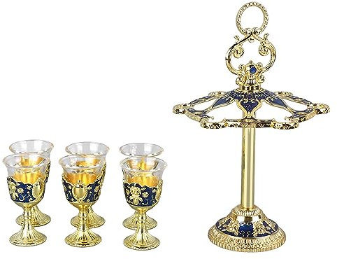 Aladeno 6 pièces calice chinois en alliage de zinc tasses en verre style rétro fleur verres à vin en relief verres à vin ensemble de 6 verres ensemble à boire pour la maison (Gold Blue)