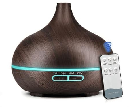 Diffuseur Huiles Essentielles 500ml LUNO Bois Noir, Diffuseur d’Arômes Ultrasonique avec Télécommande, LED 7 Couleurs, Brume Froide, Arrêt Automatique pour Maison Bureau Yoga
