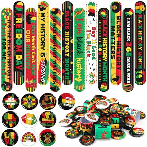 JUNEBRUSHS 50Pcs Black History Month Party Favors Bracelets Pins