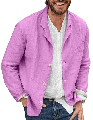 Chaqueta De Lino Y Algodón para Hombre, Chaqueta Ligera Y Transpirable De Primavera, Chaqueta De Traje Informal De Manga Larga De Corte Regular, Chaqueta Holgada De Tres Botones, Color Rosa 4XL
