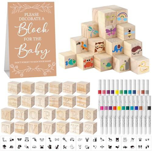Aisharery 117 Pcs Baby Shower Blocks to Decorate Game Kit Includes 52 Wooden Blocks 24 Markers 1 Game Sign 40 Templates to Paint (Kraft)