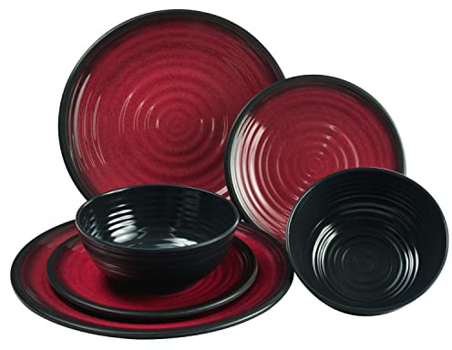 Vaisselle en mélamine rouge et noir pour 2 personnes 6 pièces aspect argile – Vaisselle de camping pique-nique idéal pour le camping moderne en extérieur