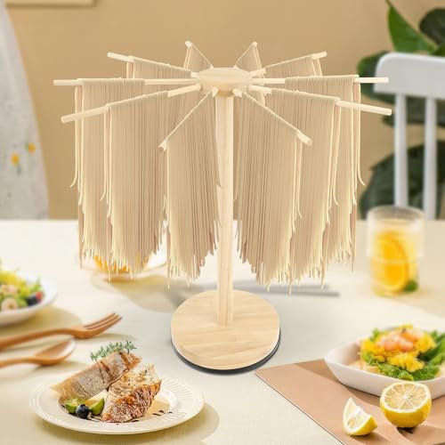 harupink Secador de fideos, soporte de pasta de pino, secador de pasta con 10 brazos extraíbles y base giratoria 360°, reutilizable para pasta de espaguetis, fácil almacenamiento, montaje rápido