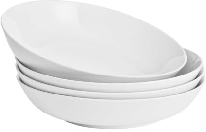 WishDeco White Pasta Bowls Set of 4, Porcelain Salad Bowls 37 oz, Wide and Shallow Serving Bowl 9 Inch, Large Pasta Plates, Serving Dishes for Soup, Dinner, Microwave and Dishwasher Safe