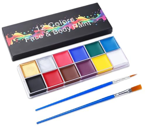 AEKZOX Pintacaras Infantil, 12 colores Lavable y Hipoalergénica, Facial y Corporal con 2 pinceles, Pintura Cara Niños, Maquillaje Teatral Seguro para Niños, para Halloween, Festivales y Carnaval