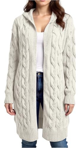 Casual Mid-Length Cardigan Jacket for Womens UK Elegant Simple Solid Color Cable Hooded Knitted Sweater Coat Layering Piece for UK Weather 01-White L