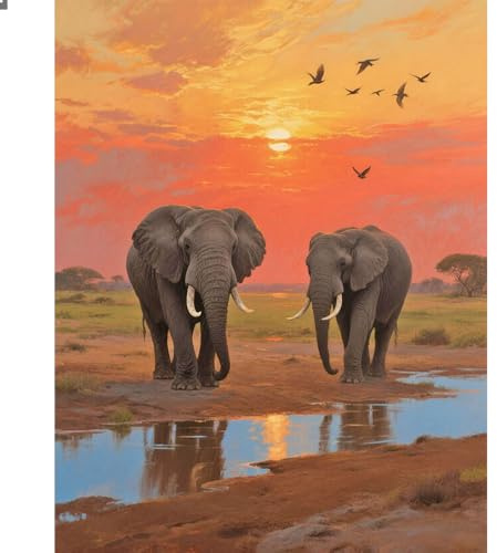 DCIDBEI Peinture Diamant Carrée Paysage Coucher de Soleil Éléphants Pierres Carrées 40x50cm Square Diamond Painting Éléphant Broderie Point de Croix Paysages Animaux Point de Croix Elephant