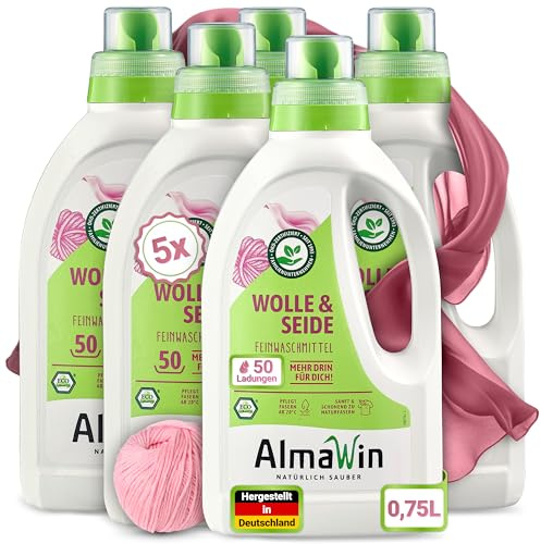 AlmaWin® Detergente de lana y seda [5 x 750 ml – 250 cargas] con aroma a lavanda para una limpieza suave de fibras naturales – Detergente de seda y lana aplicable a 20 – 40 °C – detergente suave