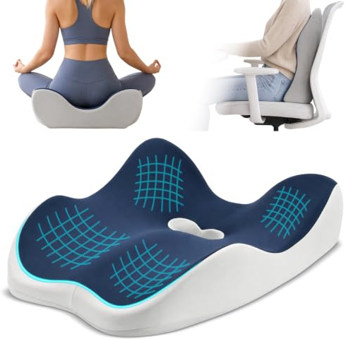 Ecofocet Cojín Silla Oficina,Cojín de Soporte Lumbar,Respaldo de Espuma Viscoelástica,Espuma con Memoria,Funda Lavable,Almohada Antideslizante,para Silla de Oficina y Hogar,Uso Diario (Azul Marino)