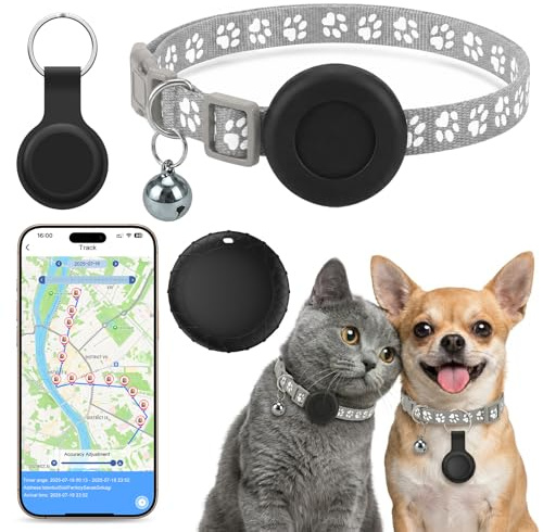 Cat GPS Tracker with Collar, Real-Time Tracking Cat/Dog GPS Tracker, Dog Tracker Compatible with iOS and Android, Stretchy Cat GPS Tracking Collar, IPX6 Waterproof, Dog Collar Holder No Monthly Fees