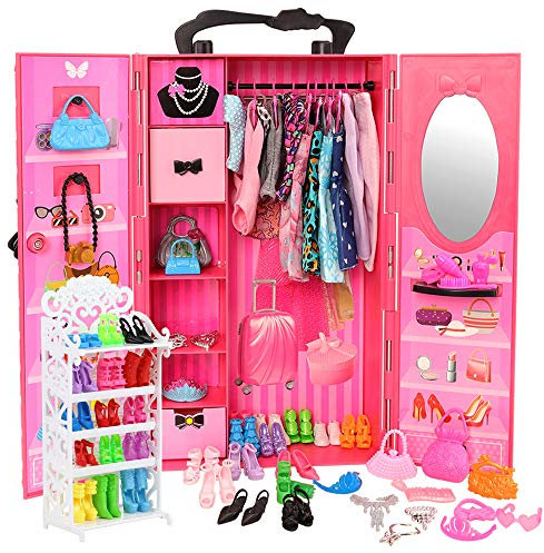 Miunana 73 Piezas para 11.5 Pulgadas / 28-30 cm Muñecas = 1 Armario Ropero + 1 Zapatero + 16 Vestidos Ropas + 10 Bolsos + 25 Accesorios + 10 PCS Zapatos + 10 Perchas (Excluyendo Muñecas)
