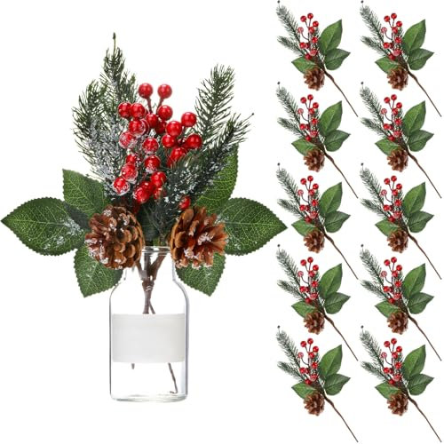 Boao 12 Pieces Pine Snowy Flower Picks Artificial Holly Red Berry Pine Cone Picks Fake Berries Pine Cones for Christmas Crafts Party Festive Home Decor 11 Inch Flexible Stems