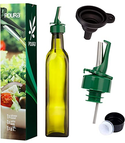 Poura Set de Botella Dispensadora de Aceite de Oliva y Vinagre 500ml, Botella de Cristal para Vinagres y Aceites con Rociador CLICKSEAL, Kit Accesorios de Cocina, Inc. Embudo en Silicona