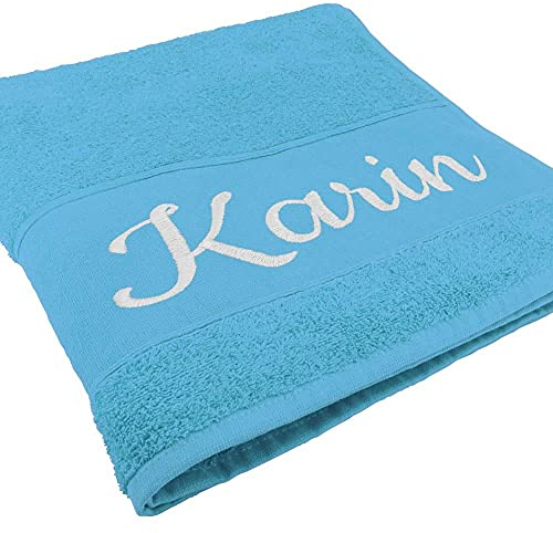 Deitert Handtuch mit Namen oder Wunschtext Bestickt, personalisiertes Duschtuch, individuelles Badetuch, 100% Baumwolle, 180 x 100 cm hellblau