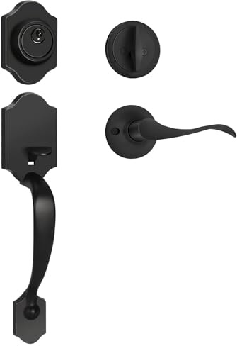 Haidms Matte Black Front Door Handle and Deadbolt Set, Front Door Lock Set, Weather Resistant Entry Door Locksets with Deadbolt Single Cylinder, Exterior Door Handle with Reversible Handle Lever
