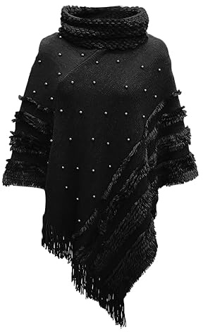 Rayson Femme Poncho Châle à Franges Hiver Tricot à col Montant Mode Elégant avec des Perles Chaud Écharpe Automne Hiver Cadeau de Noël(Noir)