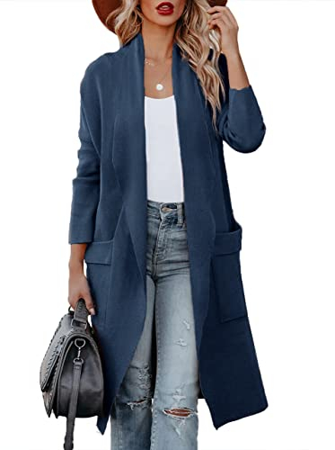 Maavoki Strickjacke Damen Lang Offene Front Herbst Cardigan mit Tasche Casual Einfarbig Warm Strickmantel, Blau, L