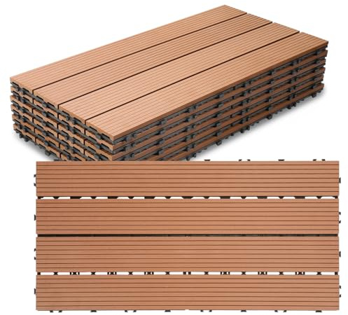 Jiubiaz WPC Terrassenfliesen Holzoptik 30x60 cm, 1m² = 6 Fliesen Klickfliesen, Balkonfliesen Bodenbelag für Balkon & Terrasse - wetterfest mit Drainagefunktion | Hellbraun