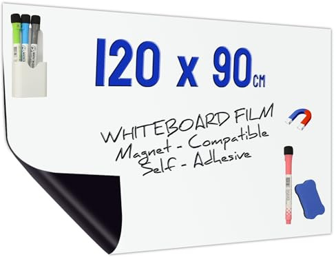 “Minadax Película de Pizarra 120 x 90 cm | Imán Adhesivo | Recortable + bolígrafos con Soporte + limpiaparabrisas