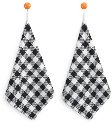 Ultra weiche und super saugfähige Handtücher zum Aufhängen für Küche und Badezimmer, kariert, schwarz und weiß, mit Aufhängeschlaufe, einfach aufzuhängen, Handtücher, 2 Stück