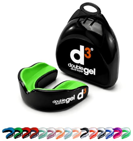 d3 Double Gel Mouthguard wth Case, Adults and Junior Gum Shield for Boxing, MMA, Contact Sports, Rugby, Martial Arts, Judo, Karate, Hockey (Black/Green, Youth (Under 12))