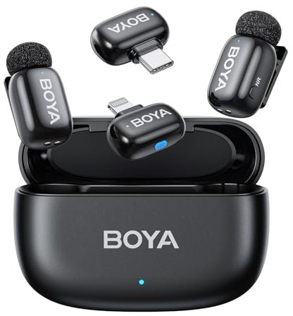 BOYA mini Microphone wireless for iPhone 15/16, Andriod, 5g Ultralight Mini Lapel Mic, AI Voice Changer, 3-Level Noise Reduction, Lavalier Microphone, 30h Use, Clip on Mic with USB-C, Lightning